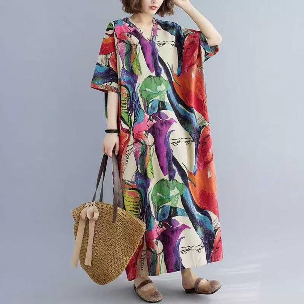 Forever 21 Summer Artistic Loose Printed Cotton Linen Short-Sleeve Beach Dress
